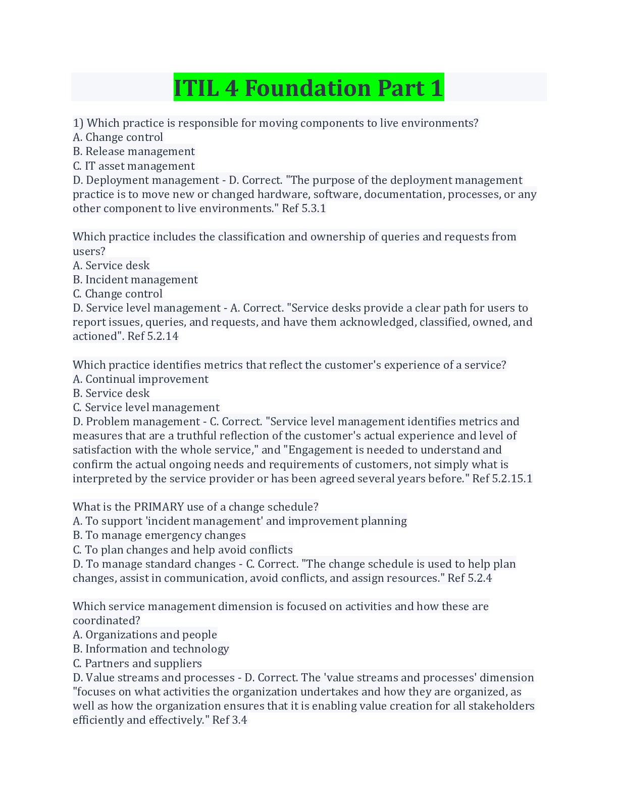 Preview image for ITIL 4 Foundation Part 1 Questions And Answers